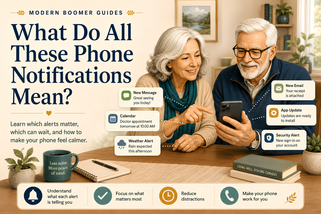 Older couple reviews smartphone notification alerts for messages, calendar reminders, weather, email, app updates, and security.