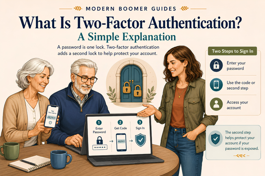 Older adult couple learning how two-factor authentication protects online accounts by requiring a password and a verification code before sign-in.