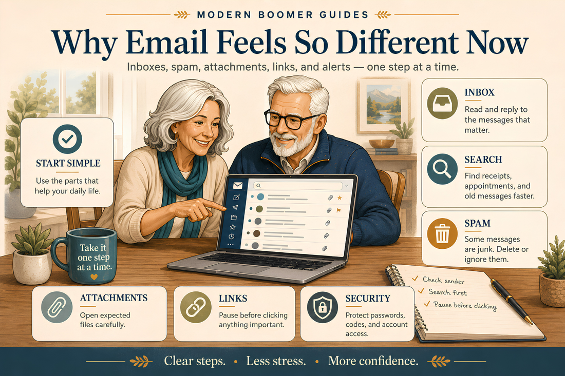 Older couple reviewing an email inbox on a laptop with callouts for inbox, search, spam, attachments, links, and security.