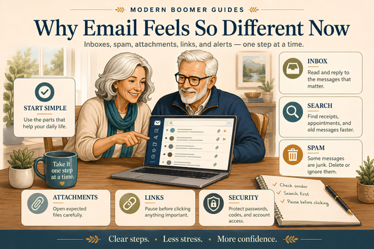 Older couple reviewing an email inbox on a laptop with callouts for inbox, search, spam, attachments, links, and security.