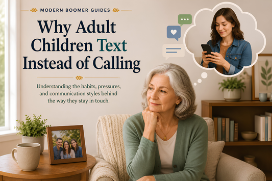 Older mother in a cozy living room imagines her adult daughter texting on a smartphone, illustrating why adult children text instead of calling.
