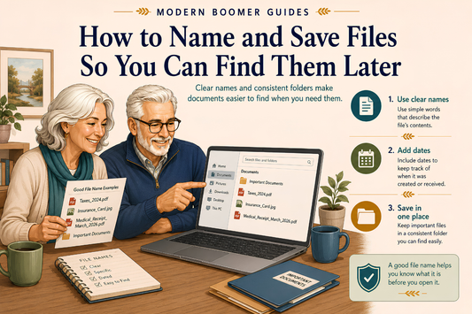 Older couple organizes digital documents on a laptop using clear file names, dates, and consistent folders to make saved files easier to find.
