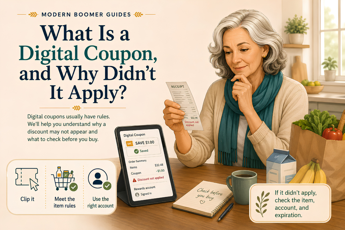 Older woman reviews a grocery receipt and digital coupon that did not apply, with a tablet, shopping bag, and tips for checking coupon rules.