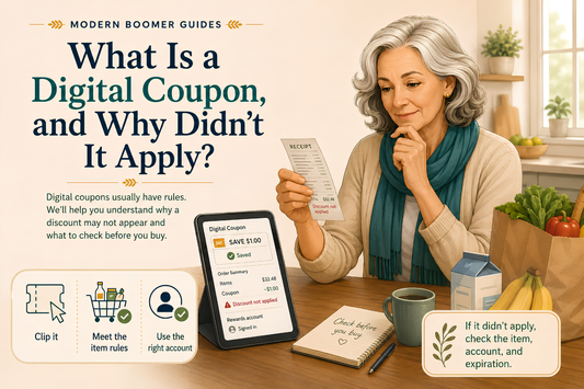 Older woman reviews a grocery receipt and digital coupon that did not apply, with a tablet, shopping bag, and tips for checking coupon rules.