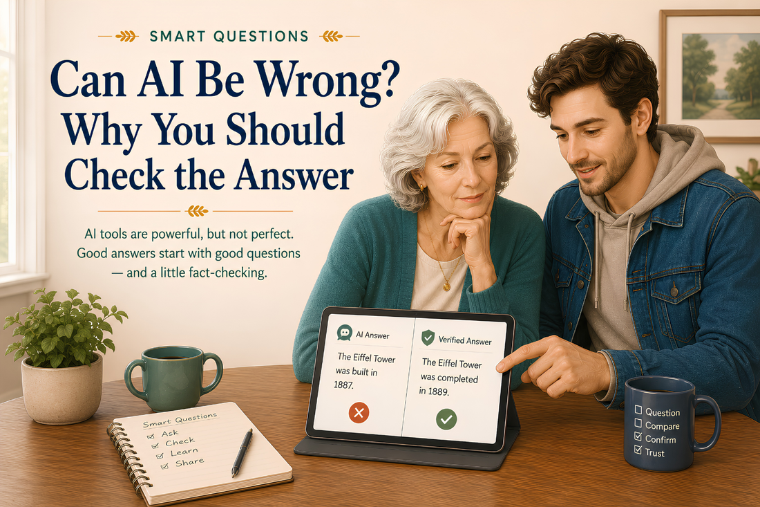 Older woman and younger man compare an AI-generated answer with a verified fact on a tablet, illustrating why AI responses should be checked for accuracy.