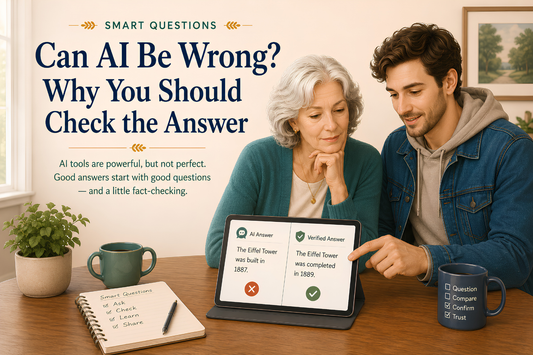 Older woman and younger man compare an AI-generated answer with a verified fact on a tablet, illustrating why AI responses should be checked for accuracy.