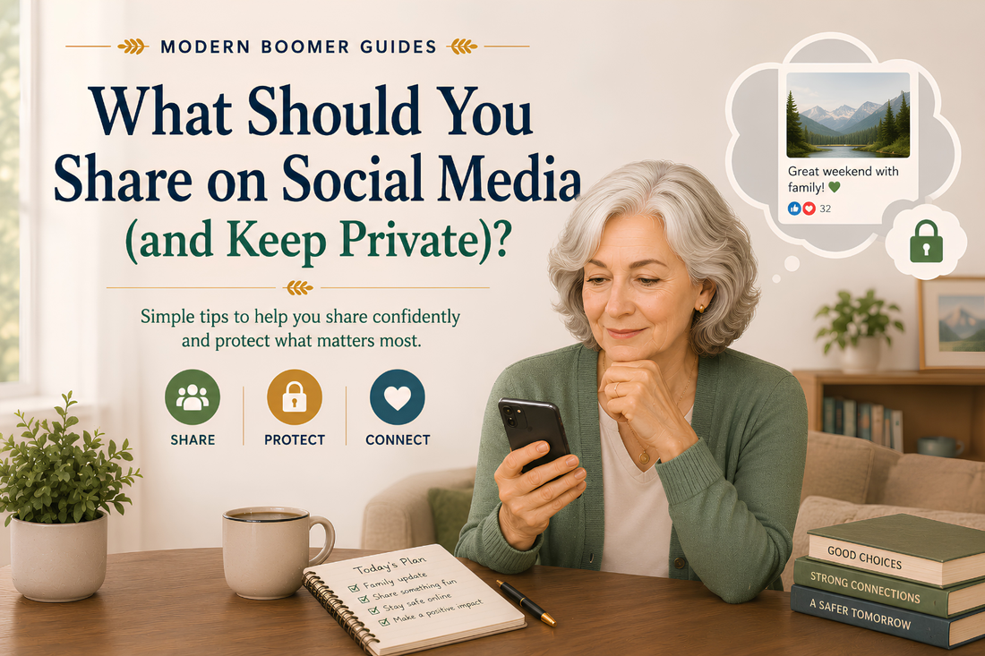Older woman considers what to share and keep private on social media while viewing a family post on her smartphone.