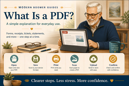 Older man viewing a PDF on a tablet with icons for opening, saving, printing, scanning, uploading, and confirming documents.