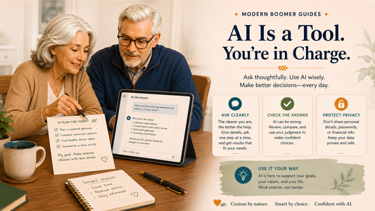 Older couple using an AI assistant on a tablet, with tips to ask clearly, check answers, protect privacy, and use AI wisely.