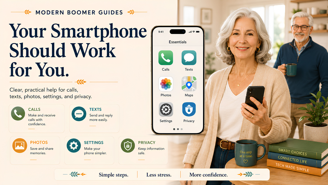Older woman confidently holding a smartphone beside a large simplified phone screen, with Modern Boomer Guides tips for calls, texts, photos, settings, and privacy.