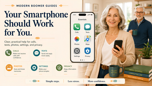 Older woman confidently holding a smartphone beside a large simplified phone screen, with Modern Boomer Guides tips for calls, texts, photos, settings, and privacy.
