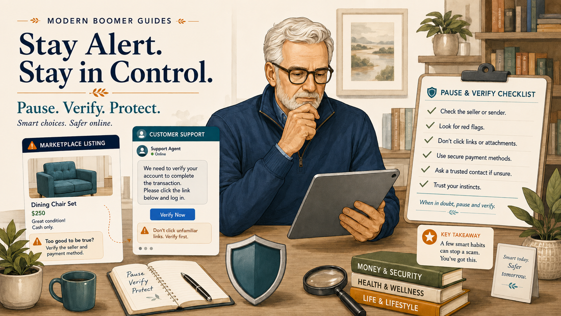 Illustrated online safety scene showing an older man reviewing possible scam messages on a tablet, with marketplace listing, customer support warning, pause-and-verify checklist, shield icon, and “Stay Alert. Stay in Control.” guidance.