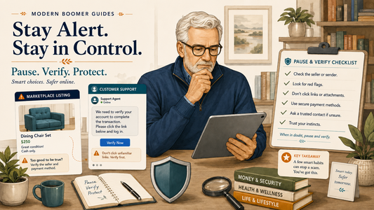 Illustrated online safety scene showing an older man reviewing possible scam messages on a tablet, with marketplace listing, customer support warning, pause-and-verify checklist, shield icon, and “Stay Alert. Stay in Control.” guidance.