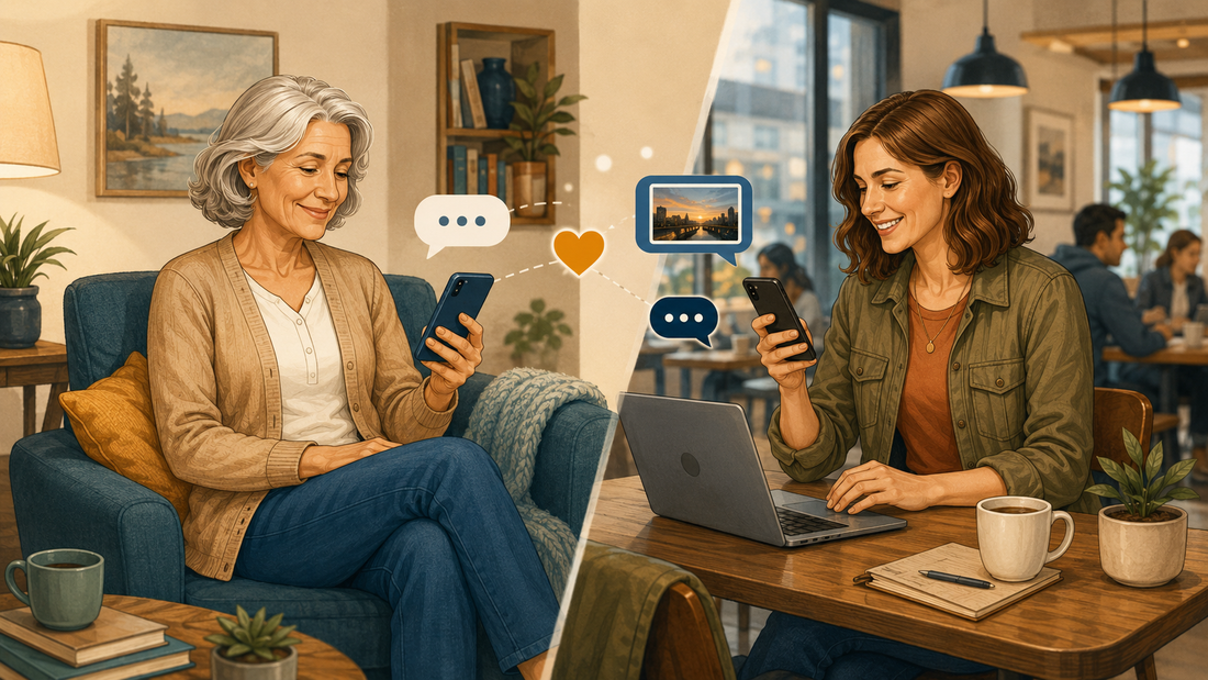 Older mother and adult daughter smiling while texting from separate rooms, with message, photo, and heart icons showing connection.
