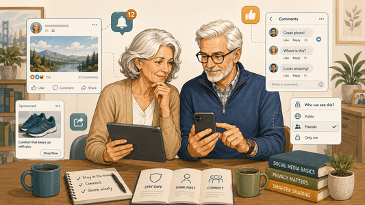 Older couple using a phone and tablet while reviewing social media posts, comments, notifications, privacy options, and sponsored content.