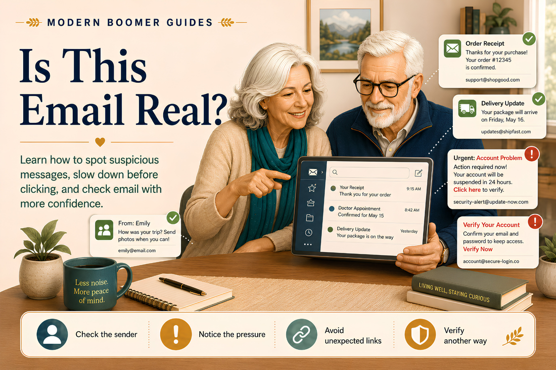 Susan and Mark compare expected and suspicious emails on a tablet, with tips for checking messages safely.