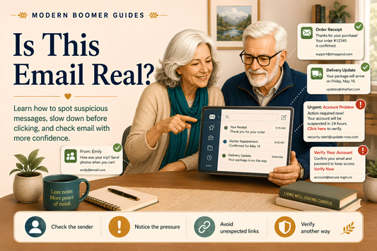 Susan and Mark compare expected and suspicious emails on a tablet, with tips for checking messages safely.