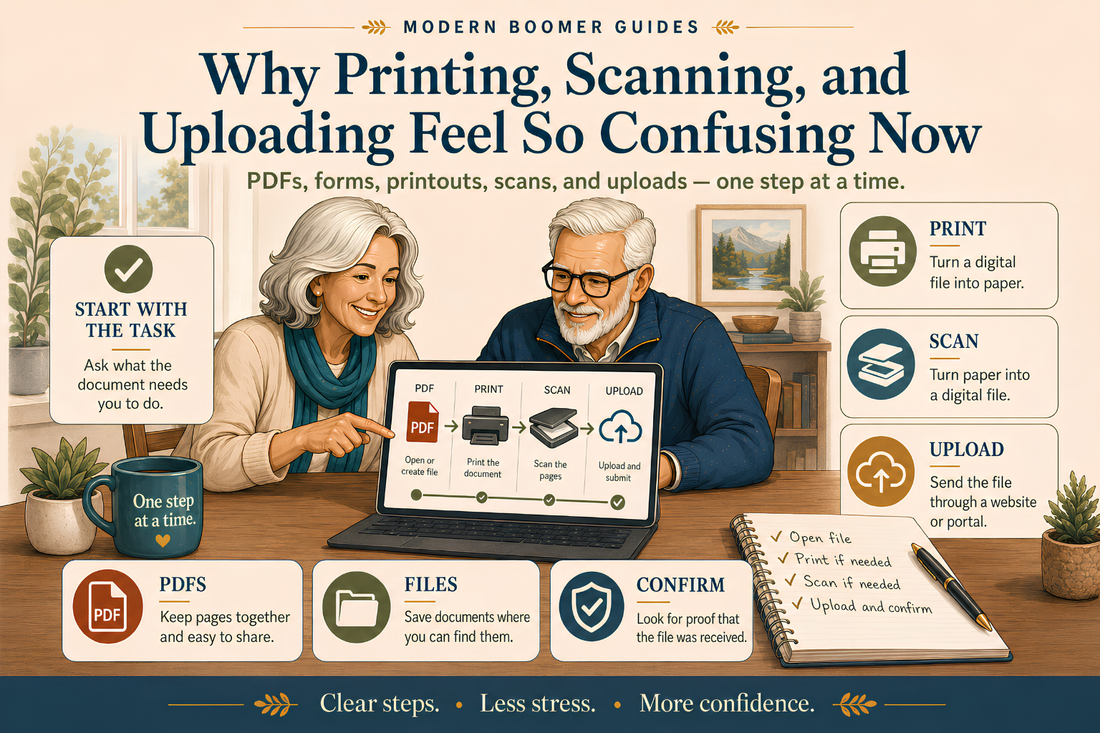 Modern Boomer Guides banner showing an older woman and man reviewing a laptop with a simple print-scan-upload workflow, alongside panels explaining print, scan, and upload.