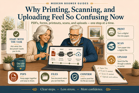 Modern Boomer Guides banner showing an older woman and man reviewing a laptop with a simple print-scan-upload workflow, alongside panels explaining print, scan, and upload.