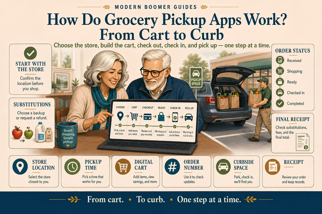 Older adult couple learning how grocery pickup apps work, from choosing a store and building a digital cart to checking in for curbside pickup and reviewing the final receipt.