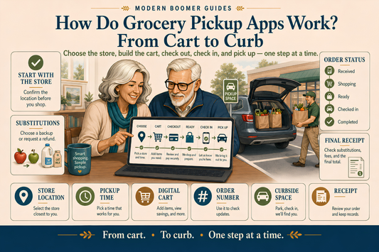 Older adult couple learning how grocery pickup apps work, from choosing a store and building a digital cart to checking in for curbside pickup and reviewing the final receipt.