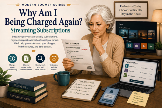 Older woman reviews a recurring streaming subscription charge on a card statement beside a laptop showing active services and a television app menu.