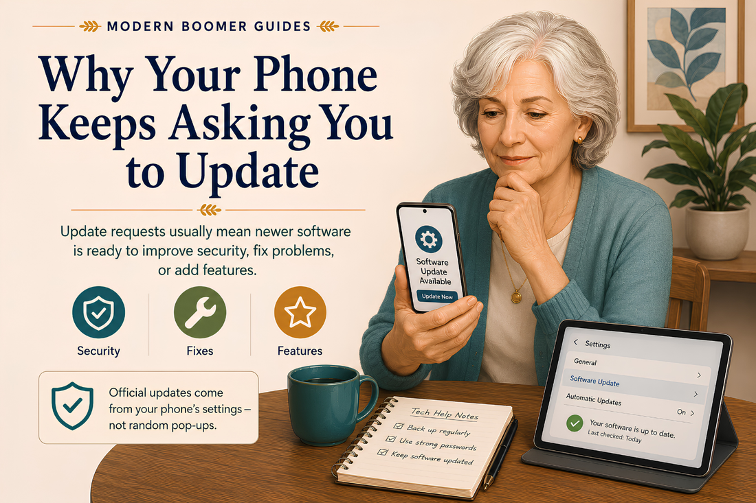 Older woman reviews a smartphone software update notification beside a tablet showing update settings, security fixes, bug fixes, and new features.