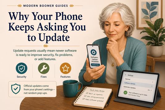 Older woman reviews a smartphone software update notification beside a tablet showing update settings, security fixes, bug fixes, and new features.