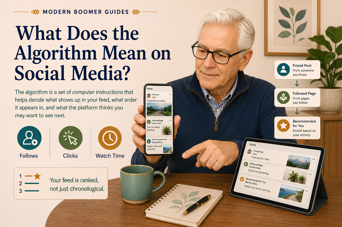 Older man reviews a personalized social media feed showing friend posts, followed pages, and recommended content shaped by follows, clicks, and watch time.