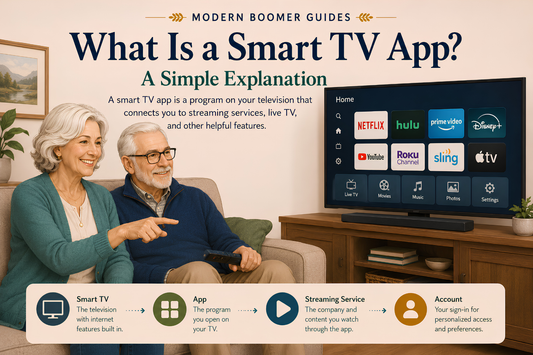 Older couple uses a remote to explore streaming services and entertainment features on a smart TV app home screen.