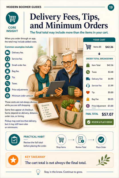 Guide page explaining delivery fees, tips, taxes, service charges, and minimum orders, with an older couple reviewing a cart total that rises from $42.36 to $57.07.