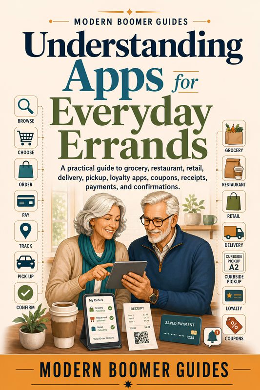 Modern Boomer Guides cover titled “Understanding Apps for Everyday Errands,” featuring an older couple using a tablet alongside icons for browsing, ordering, paying, tracking, pickup, delivery, loyalty, and coupons.
