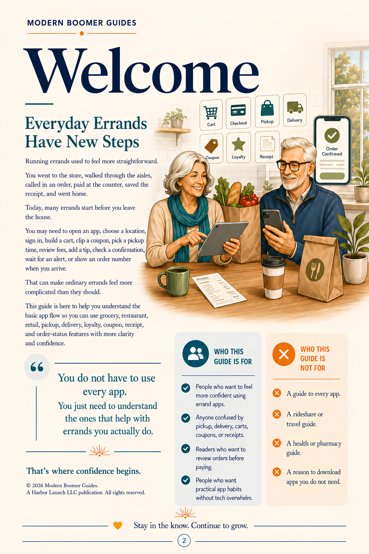 Welcome page titled “Everyday Errands Have New Steps,” showing an older couple using a tablet and phone beside groceries, takeout, receipts, and app-feature icons.