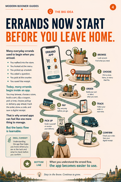 Infographic titled “Errands Now Start Before You Leave Home,” illustrating the seven-step app flow: browse, choose, order, pay, track, pick up, and confirm.
